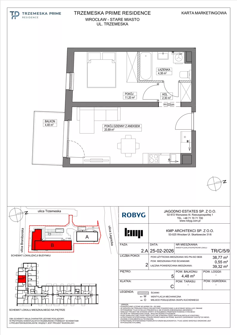 2 pokoje, mieszkanie 38,77 m², piętro 5, oferta nr TR/C/5/9, Trzemeska Prime Residence, Wrocław, Stare Miasto, ul. Trzemeska