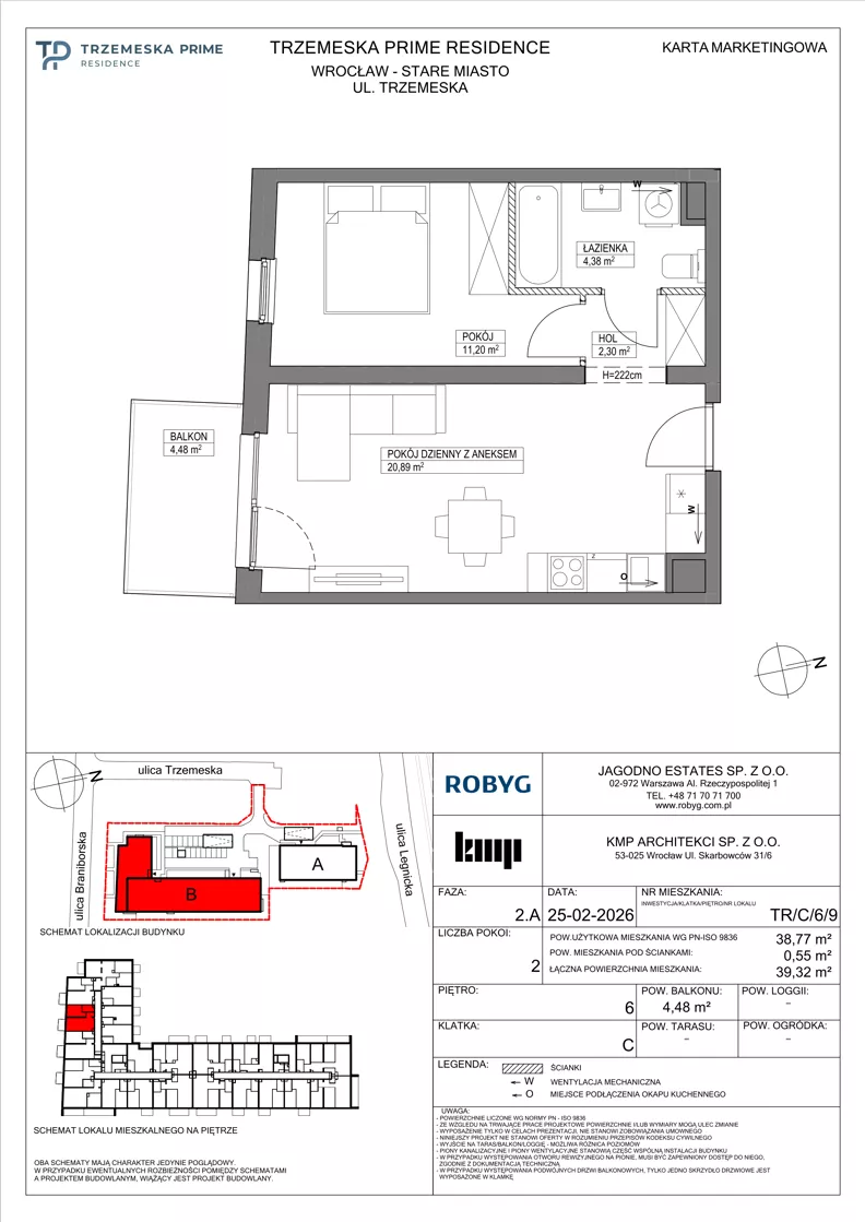 2 pokoje, mieszkanie 38,77 m², piętro 6, oferta nr TR/C/6/9, Trzemeska Prime Residence, Wrocław, Stare Miasto, ul. Trzemeska