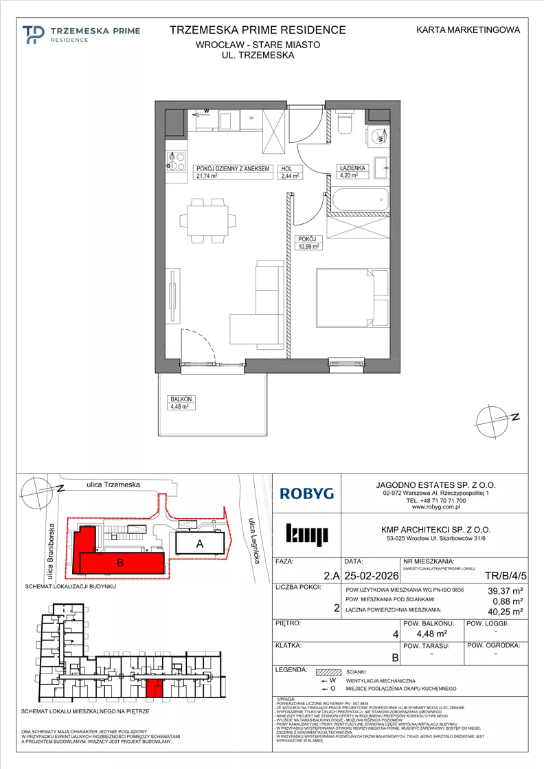 2 pokoje, mieszkanie 39,37 m², piętro 4, oferta nr TR/B/4/5, Trzemeska Prime Residence, Wrocław, Stare Miasto, ul. Trzemeska