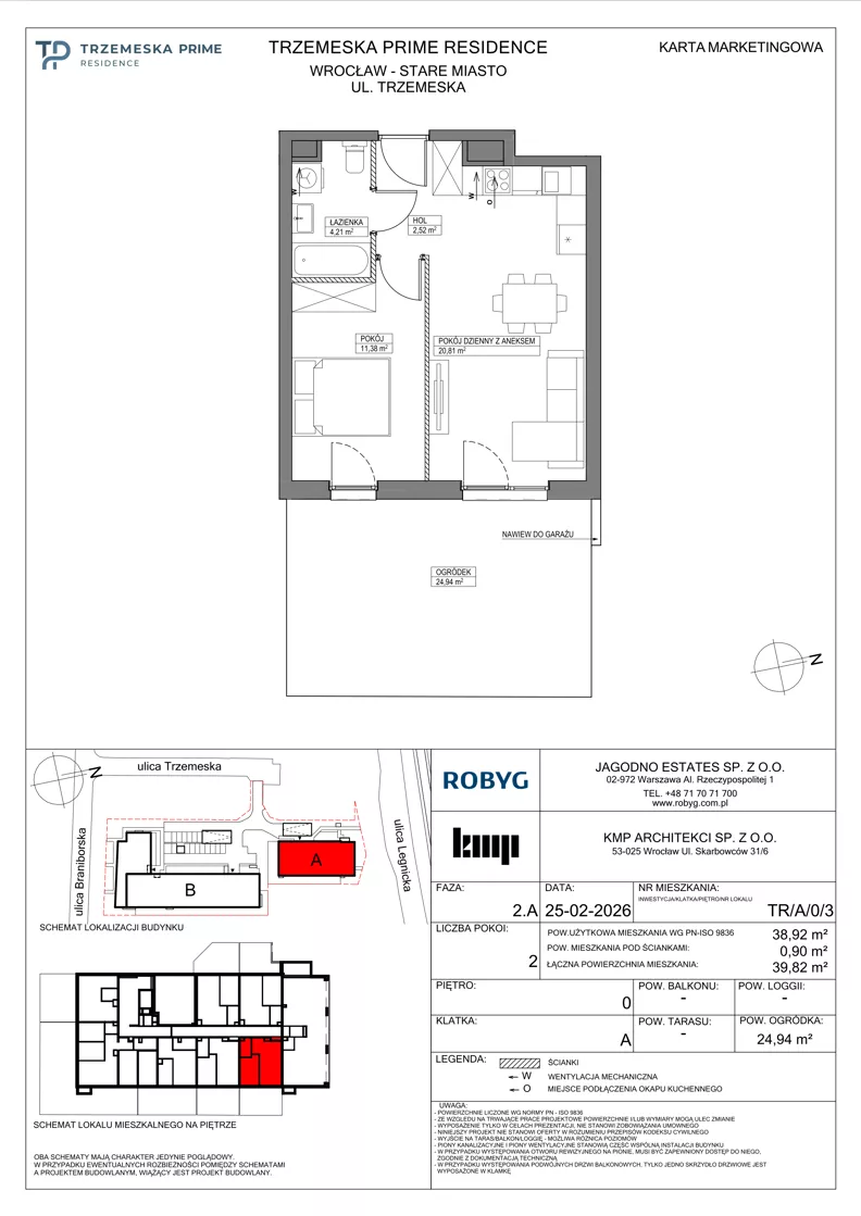2 pokoje, mieszkanie 38,92 m², parter, oferta nr TR/A/0/3, Trzemeska Prime Residence, Wrocław, Stare Miasto, ul. Trzemeska