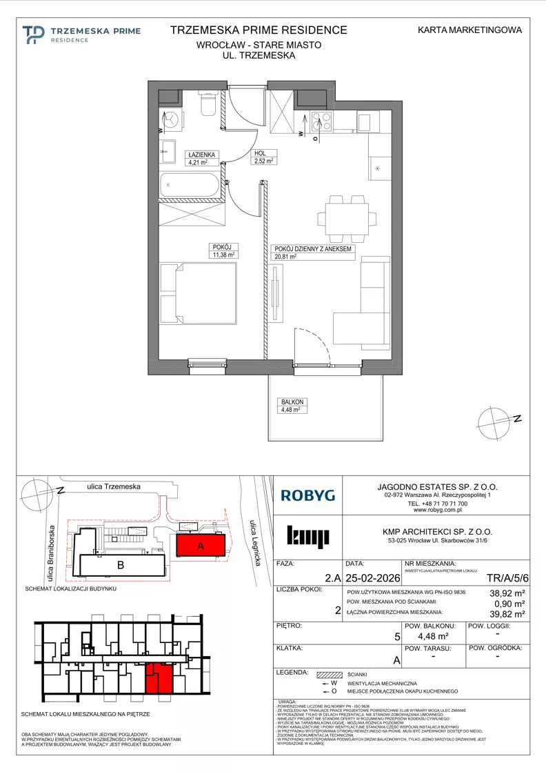 2 pokoje, mieszkanie 38,92 m², piętro 5, oferta nr TR/A/5/6, Trzemeska Prime Residence, Wrocław, Stare Miasto, ul. Trzemeska