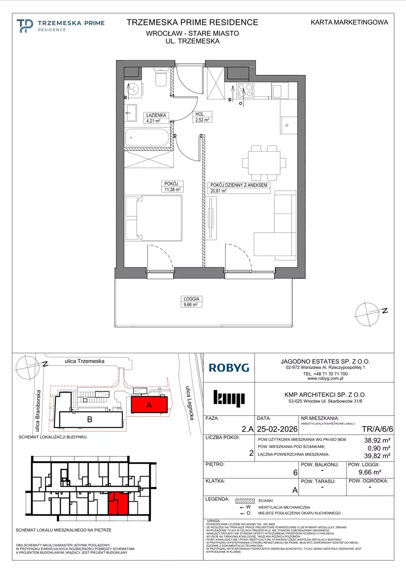 2 pokoje, mieszkanie 38,92 m², piętro 6, oferta nr TR/A/6/6, Trzemeska Prime Residence, Wrocław, Stare Miasto, ul. Trzemeska