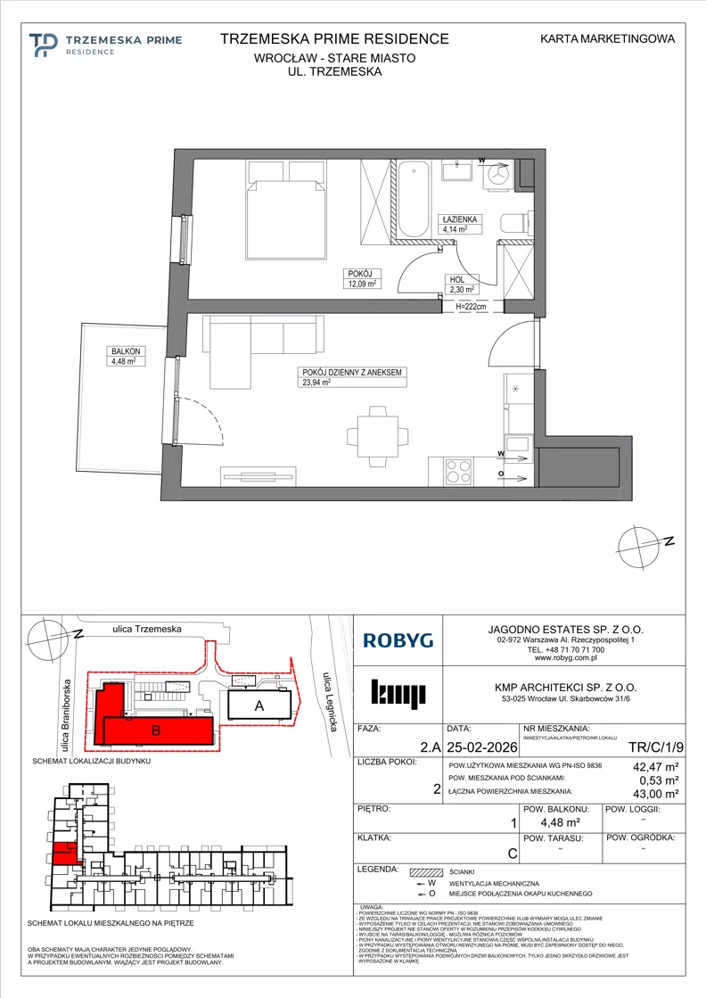 2 pokoje, mieszkanie 42,47 m², piętro 1, oferta nr TR/C/1/9, Trzemeska Prime Residence, Wrocław, Stare Miasto, ul. Trzemeska