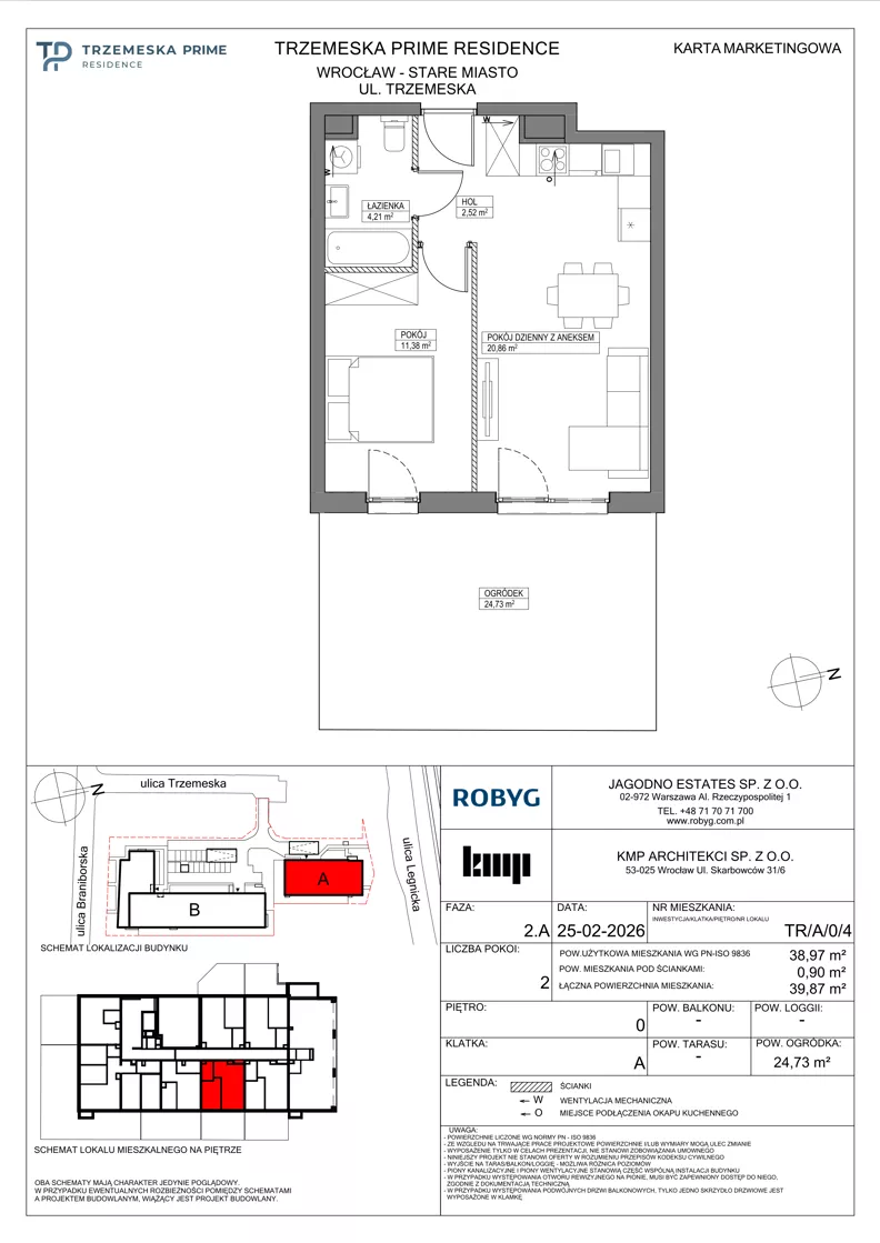 2 pokoje, mieszkanie 38,97 m², parter, oferta nr TR/A/0/4, Trzemeska Prime Residence, Wrocław, Stare Miasto, ul. Trzemeska