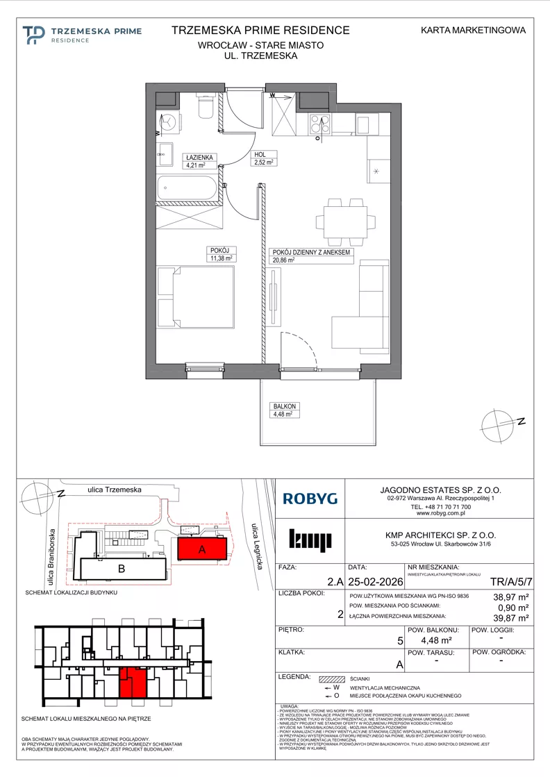 2 pokoje, mieszkanie 38,97 m², piętro 5, oferta nr TR/A/5/7, Trzemeska Prime Residence, Wrocław, Stare Miasto, ul. Trzemeska