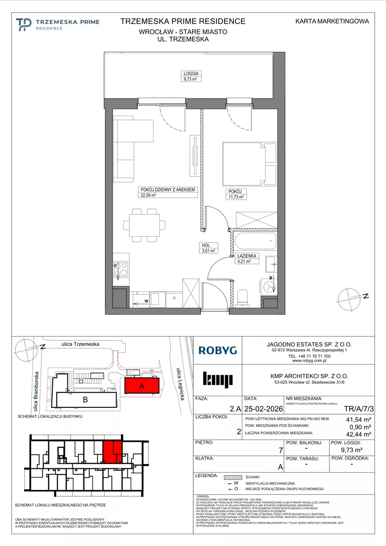2 pokoje, mieszkanie 41,54 m², piętro 7, oferta nr TR/A/7/3, Trzemeska Prime Residence, Wrocław, Stare Miasto, ul. Trzemeska