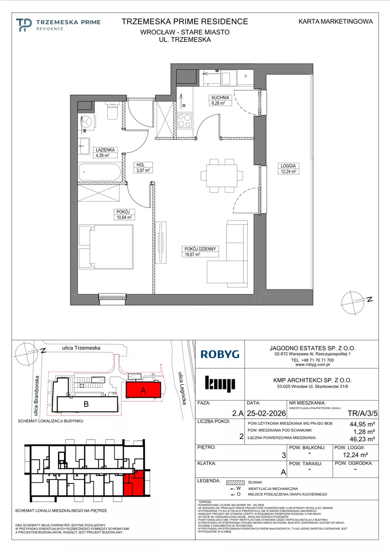 2 pokoje, mieszkanie 44,95 m², piętro 3, oferta nr TR/A/3/5, Trzemeska Prime Residence, Wrocław, Stare Miasto, ul. Trzemeska