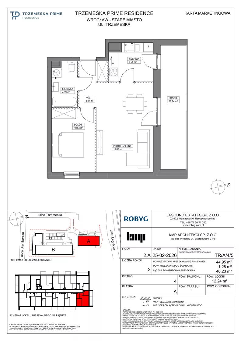 2 pokoje, mieszkanie 44,95 m², piętro 4, oferta nr TR/A/4/5, Trzemeska Prime Residence, Wrocław, Stare Miasto, ul. Trzemeska