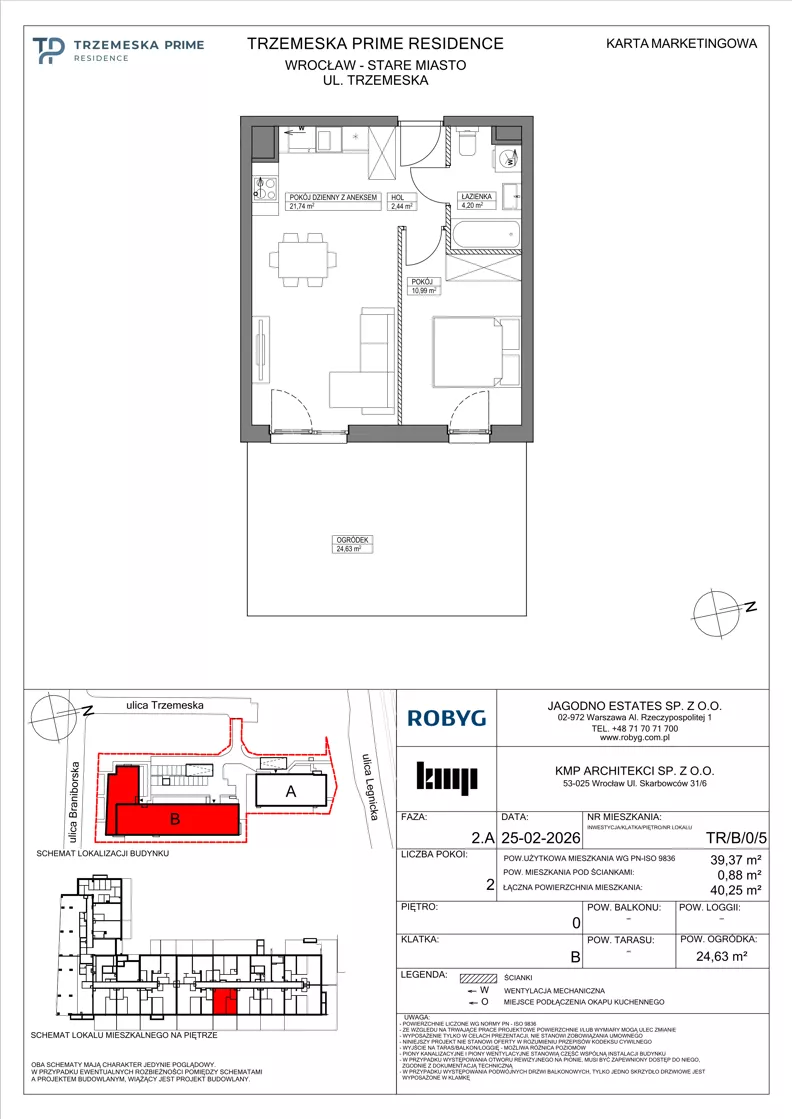 2 pokoje, mieszkanie 39,37 m², parter, oferta nr TR/B/0/5, Trzemeska Prime Residence, Wrocław, Stare Miasto, ul. Trzemeska