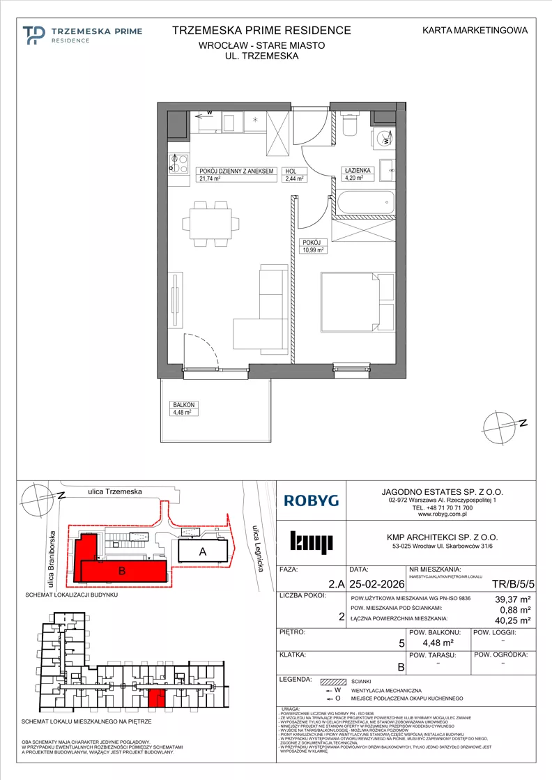 2 pokoje, mieszkanie 39,37 m², piętro 5, oferta nr TR/B/5/5, Trzemeska Prime Residence, Wrocław, Stare Miasto, ul. Trzemeska