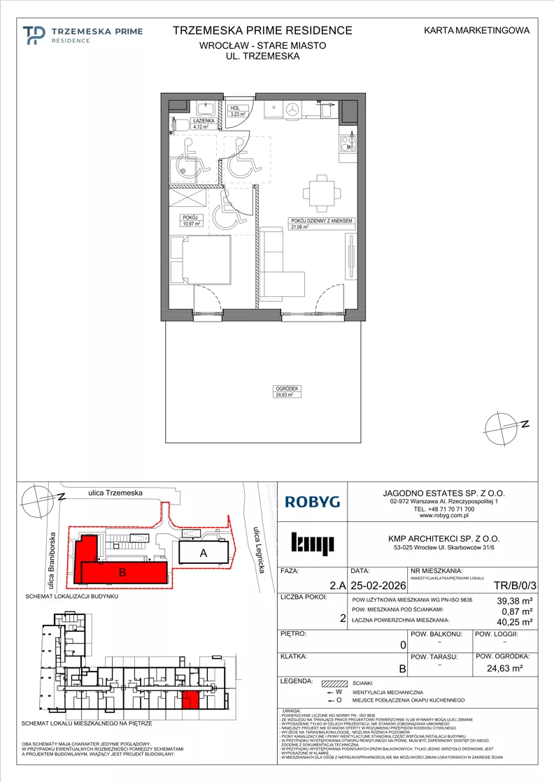 2 pokoje, mieszkanie 39,38 m², parter, oferta nr TR/B/0/3, Trzemeska Prime Residence, Wrocław, Stare Miasto, ul. Trzemeska