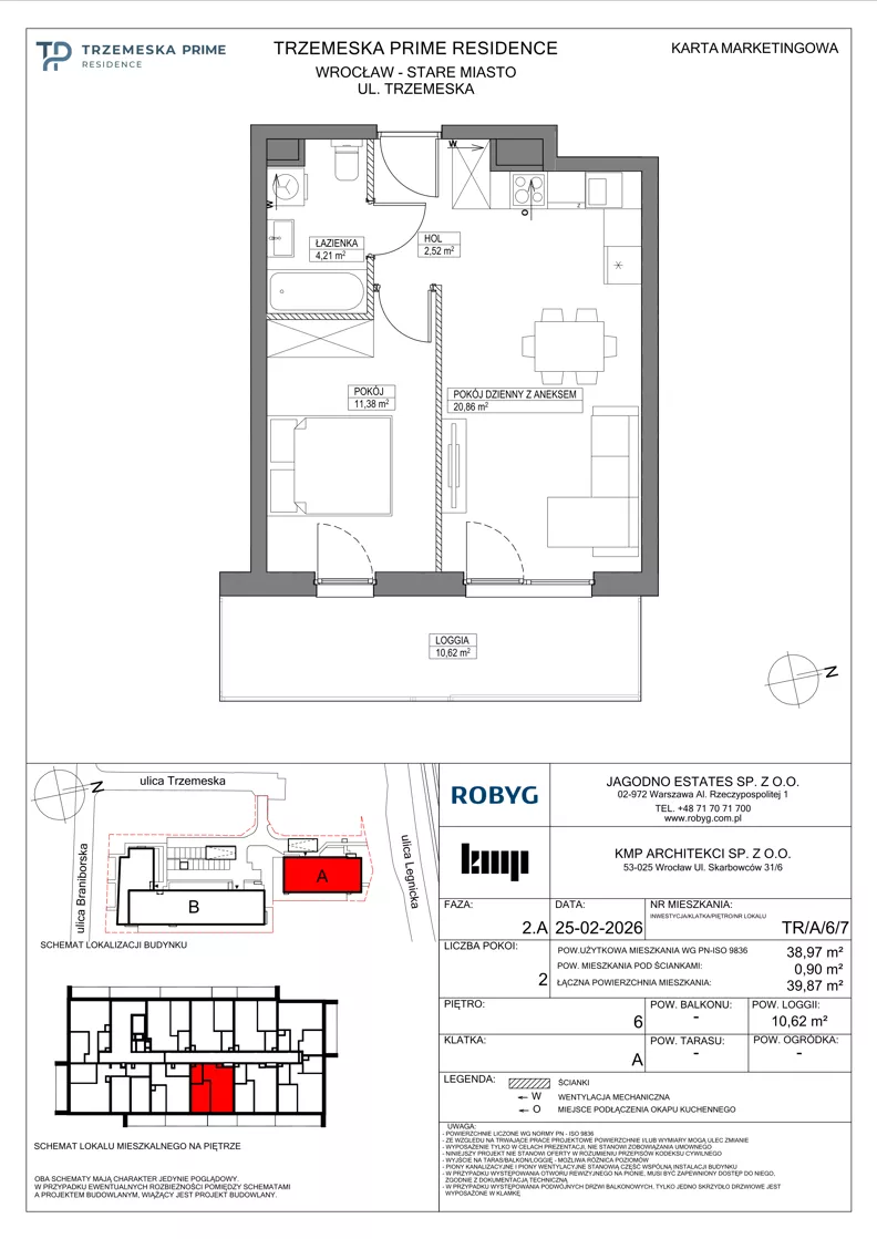 2 pokoje, mieszkanie 38,97 m², piętro 6, oferta nr TR/A/6/7, Trzemeska Prime Residence, Wrocław, Stare Miasto, ul. Trzemeska