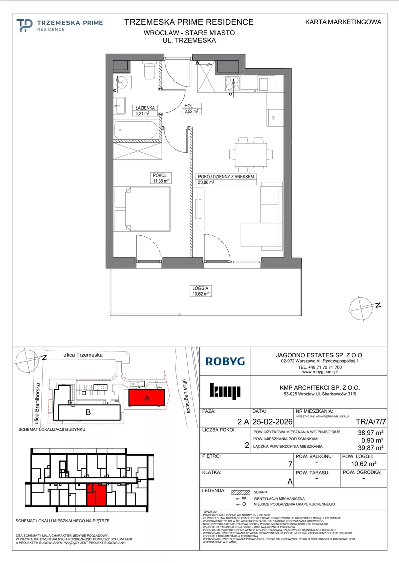 2 pokoje, mieszkanie 38,97 m², piętro 7, oferta nr TR/A/7/7, Trzemeska Prime Residence, Wrocław, Stare Miasto, ul. Trzemeska