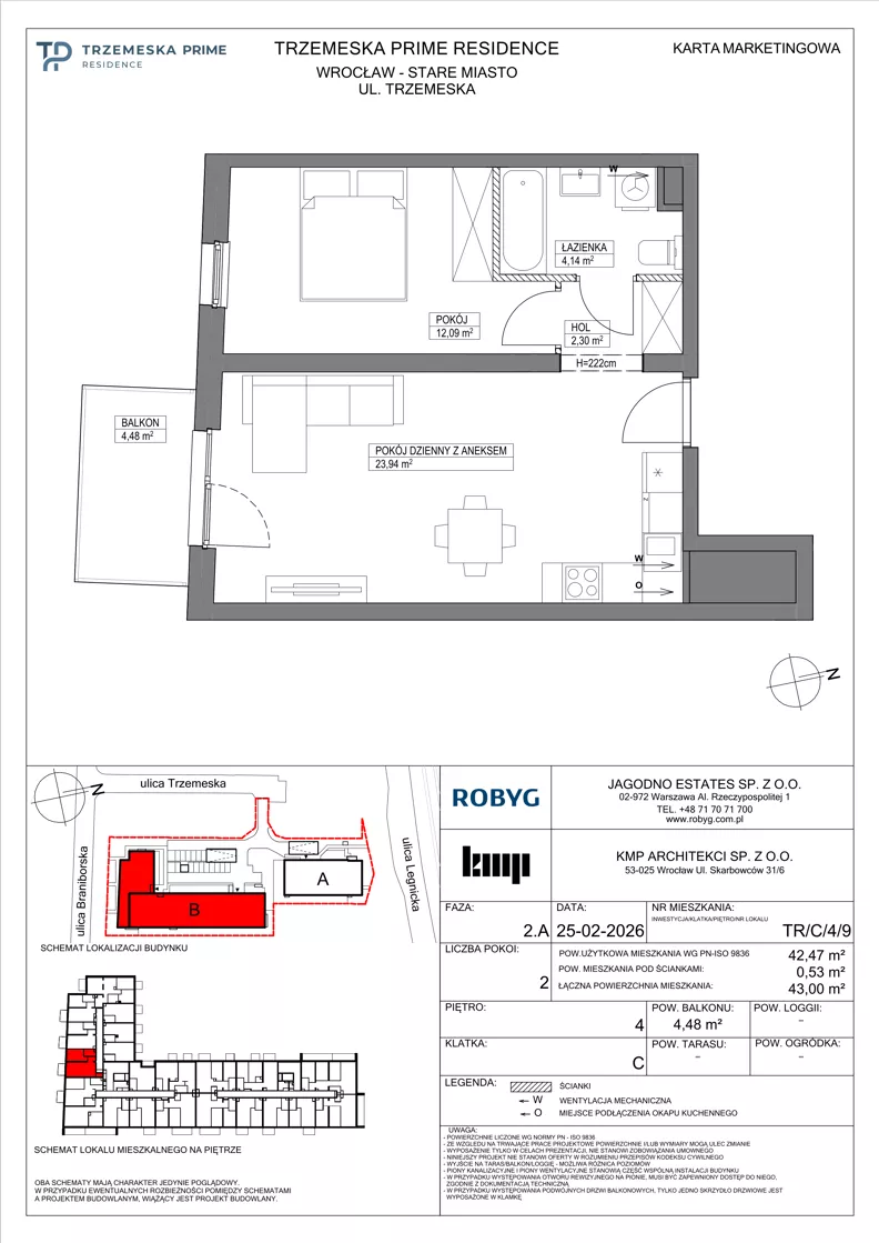 2 pokoje, mieszkanie 42,47 m², piętro 4, oferta nr TR/C/4/9, Trzemeska Prime Residence, Wrocław, Stare Miasto, ul. Trzemeska