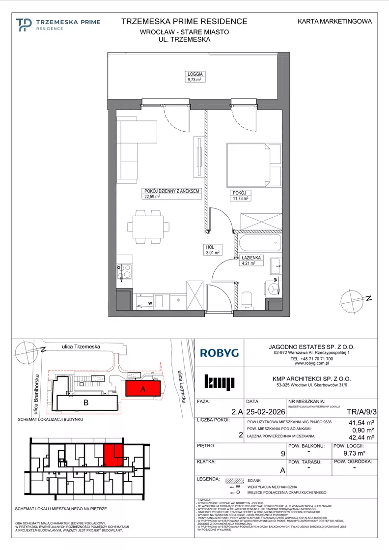 2 pokoje, mieszkanie 41,54 m², piętro 9, oferta nr TR/A/9/3, Trzemeska Prime Residence, Wrocław, Stare Miasto, ul. Trzemeska