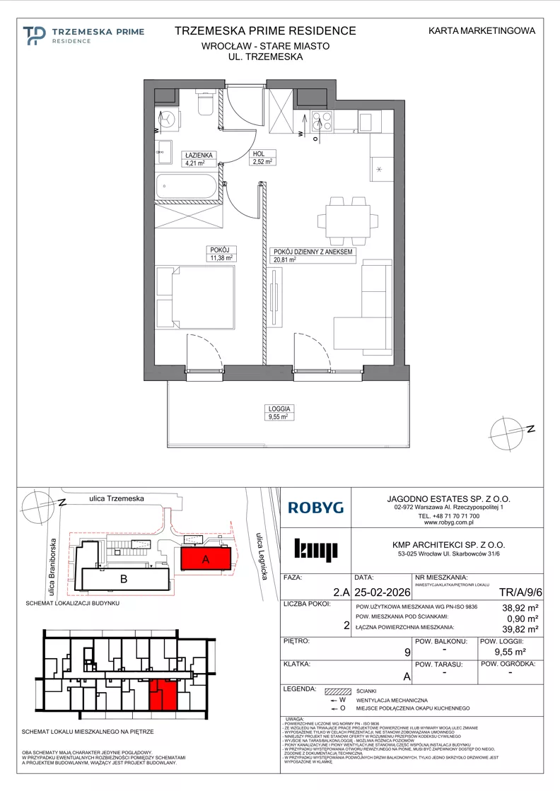 2 pokoje, mieszkanie 38,92 m², piętro 9, oferta nr TR/A/9/6, Trzemeska Prime Residence, Wrocław, Stare Miasto, ul. Trzemeska