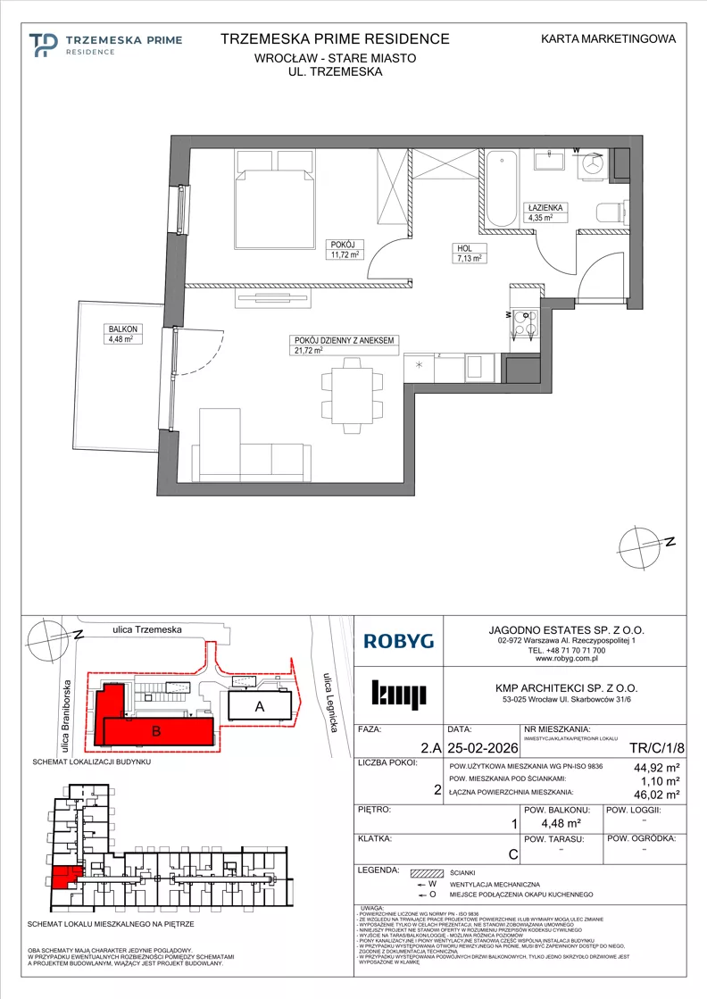 2 pokoje, mieszkanie 44,92 m², piętro 1, oferta nr TR/C/1/8, Trzemeska Prime Residence, Wrocław, Stare Miasto, ul. Trzemeska