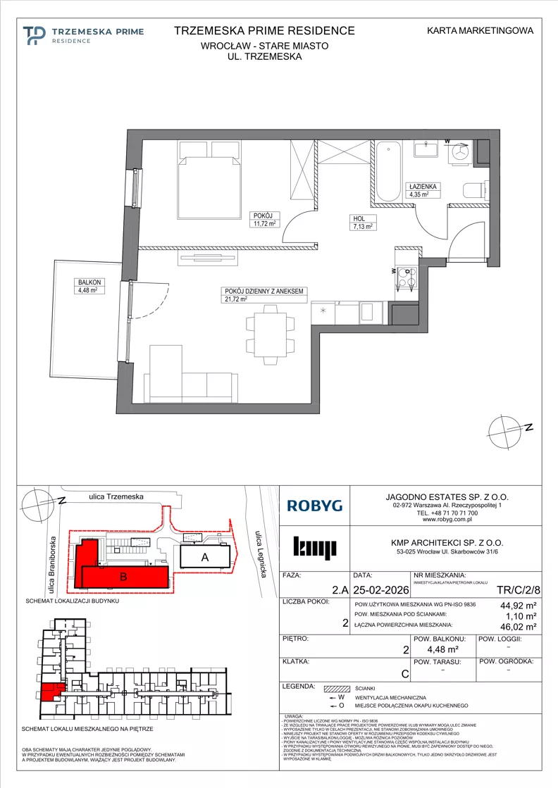 2 pokoje, mieszkanie 44,92 m², piętro 2, oferta nr TR/C/2/8, Trzemeska Prime Residence, Wrocław, Stare Miasto, ul. Trzemeska