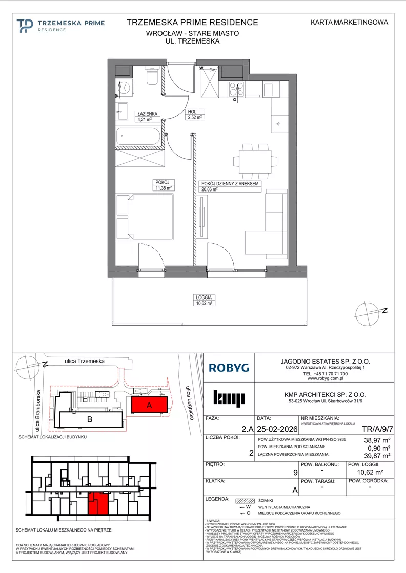 2 pokoje, mieszkanie 38,97 m², piętro 9, oferta nr TR/A/9/7, Trzemeska Prime Residence, Wrocław, Stare Miasto, ul. Trzemeska