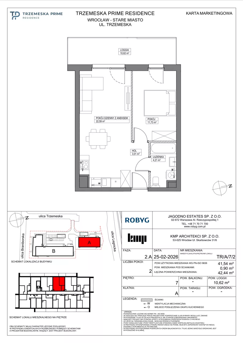 2 pokoje, mieszkanie 41,54 m², piętro 7, oferta nr TR/A/7/2, Trzemeska Prime Residence, Wrocław, Stare Miasto, ul. Trzemeska