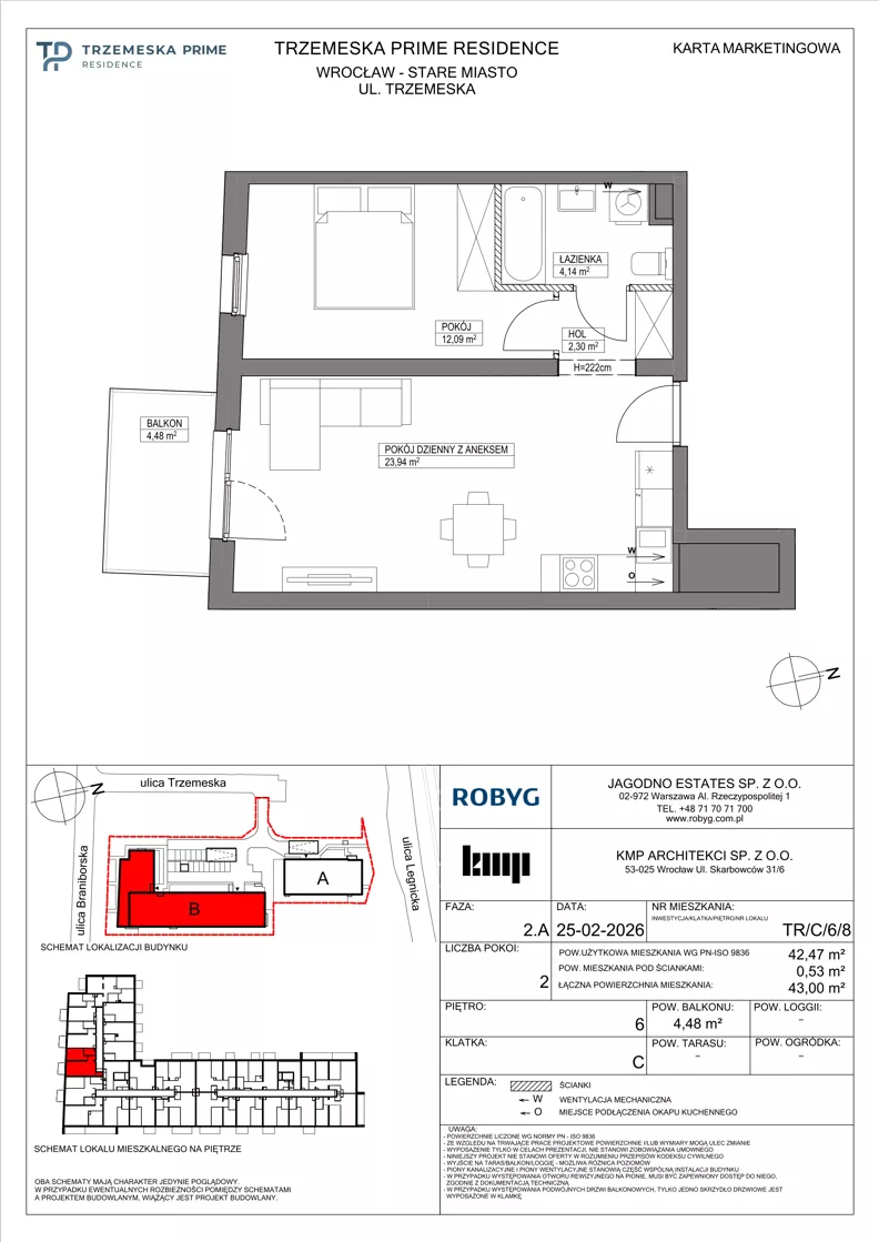 2 pokoje, mieszkanie 42,47 m², piętro 6, oferta nr TR/C/6/8, Trzemeska Prime Residence, Wrocław, Stare Miasto, ul. Trzemeska
