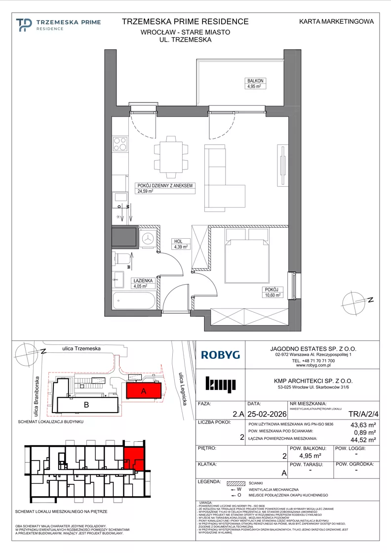 2 pokoje, mieszkanie 43,63 m², piętro 2, oferta nr TR/A/2/4, Trzemeska Prime Residence, Wrocław, Stare Miasto, ul. Trzemeska