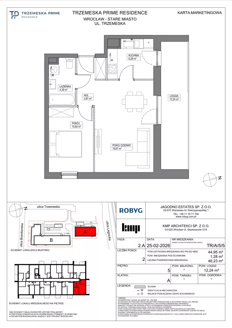 2 pokoje, mieszkanie 44,95 m², piętro 5, oferta nr TR/A/5/5, Trzemeska Prime Residence, Wrocław, Stare Miasto, ul. Trzemeska