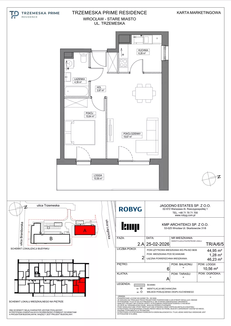 2 pokoje, mieszkanie 44,95 m², piętro 6, oferta nr TR/A/6/5, Trzemeska Prime Residence, Wrocław, Stare Miasto, ul. Trzemeska