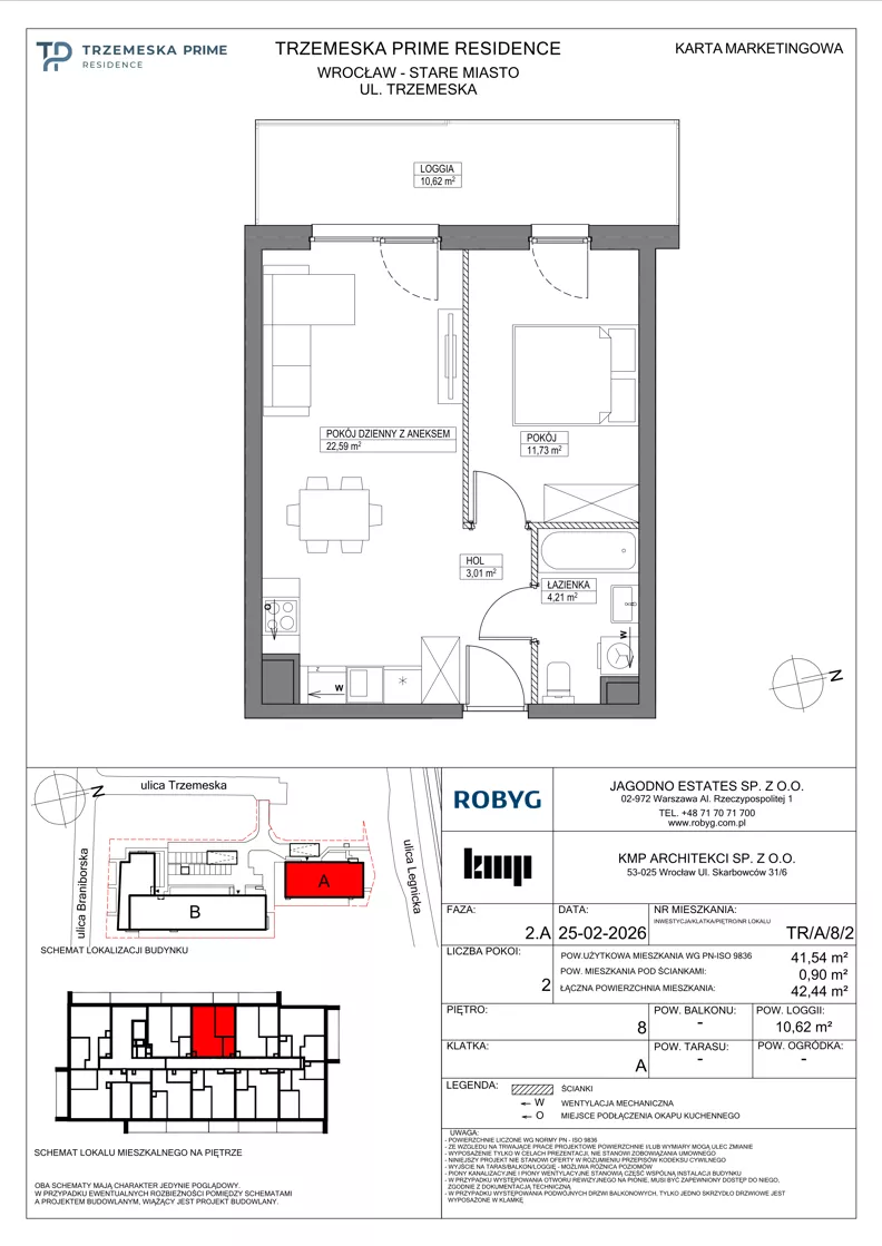 2 pokoje, mieszkanie 41,54 m², piętro 8, oferta nr TR/A/8/2, Trzemeska Prime Residence, Wrocław, Stare Miasto, ul. Trzemeska