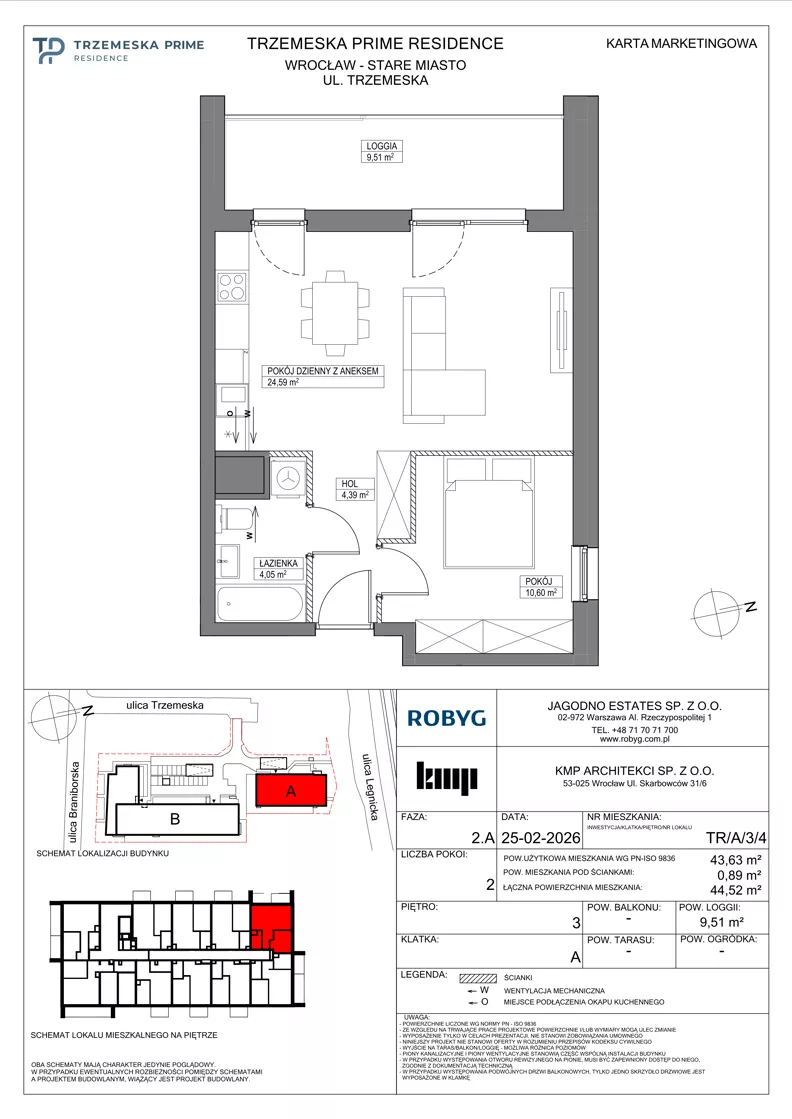2 pokoje, mieszkanie 43,63 m², piętro 3, oferta nr TR/A/3/4, Trzemeska Prime Residence, Wrocław, Stare Miasto, ul. Trzemeska