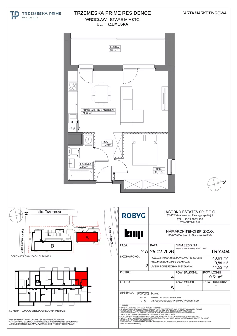 2 pokoje, mieszkanie 43,63 m², piętro 4, oferta nr TR/A/4/4, Trzemeska Prime Residence, Wrocław, Stare Miasto, ul. Trzemeska