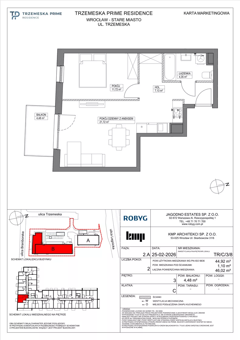 2 pokoje, mieszkanie 44,92 m², piętro 3, oferta nr TR/C/3/8, Trzemeska Prime Residence, Wrocław, Stare Miasto, ul. Trzemeska