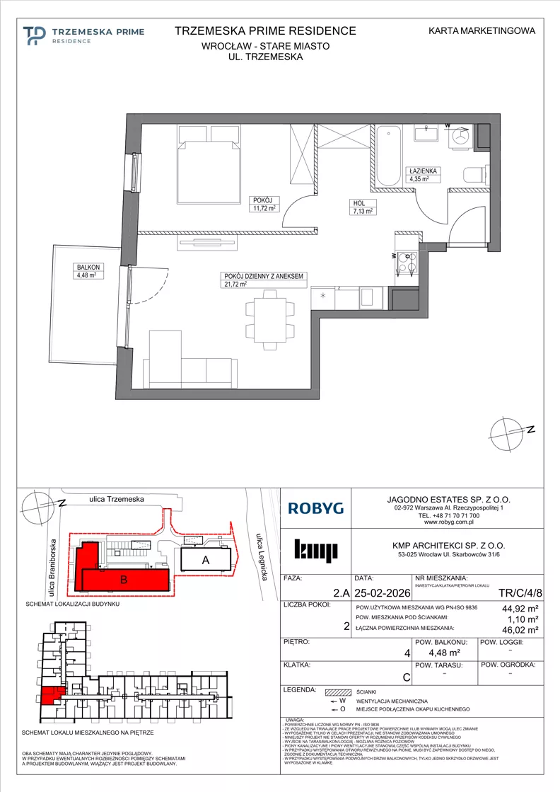 2 pokoje, mieszkanie 44,92 m², piętro 4, oferta nr TR/C/4/8, Trzemeska Prime Residence, Wrocław, Stare Miasto, ul. Trzemeska