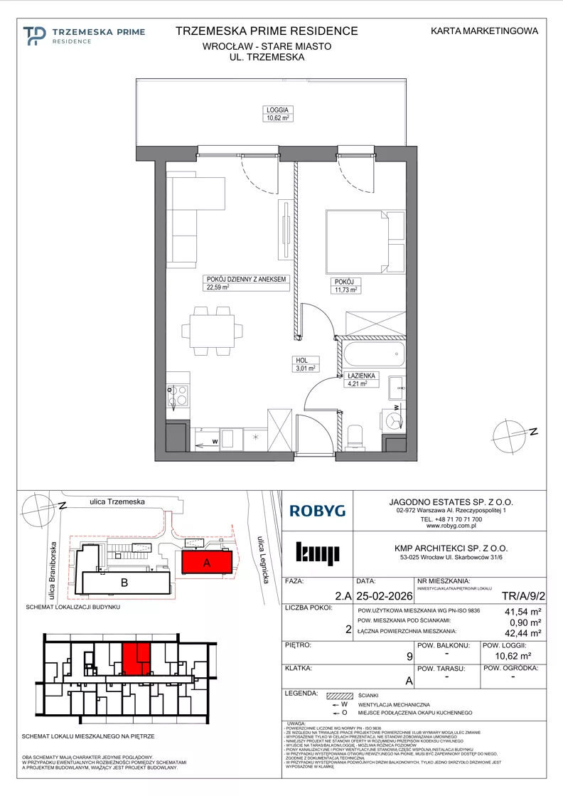 2 pokoje, mieszkanie 41,54 m², piętro 9, oferta nr TR/A/9/2, Trzemeska Prime Residence, Wrocław, Stare Miasto, ul. Trzemeska