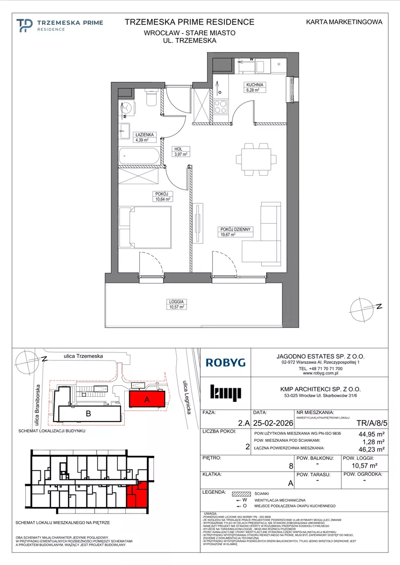 2 pokoje, mieszkanie 44,95 m², piętro 8, oferta nr TR/A/8/5, Trzemeska Prime Residence, Wrocław, Stare Miasto, ul. Trzemeska