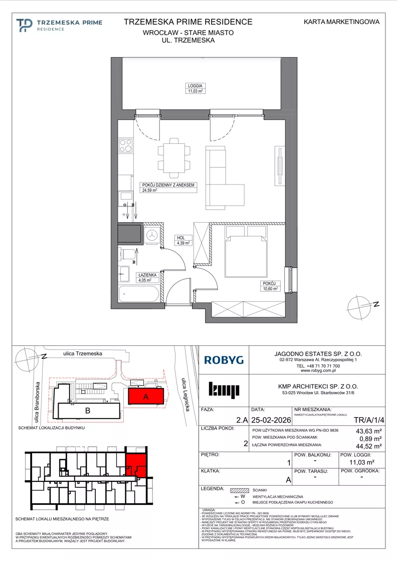 2 pokoje, mieszkanie 43,63 m², piętro 1, oferta nr TR/A/1/4, Trzemeska Prime Residence, Wrocław, Stare Miasto, ul. Trzemeska