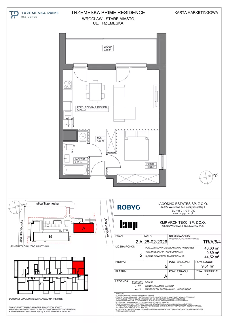 2 pokoje, mieszkanie 43,63 m², piętro 5, oferta nr TR/A/5/4, Trzemeska Prime Residence, Wrocław, Stare Miasto, ul. Trzemeska