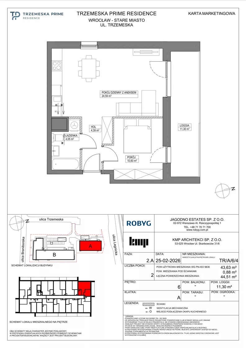 2 pokoje, mieszkanie 43,63 m², piętro 6, oferta nr TR/A/6/4, Trzemeska Prime Residence, Wrocław, Stare Miasto, ul. Trzemeska