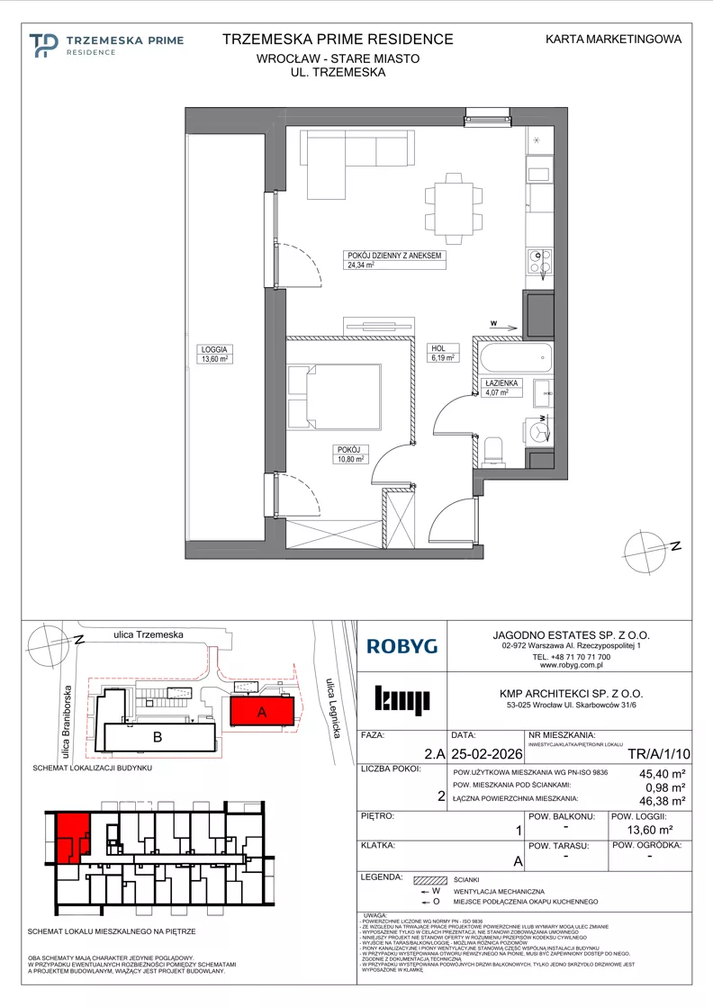 2 pokoje, mieszkanie 45,40 m², piętro 1, oferta nr TR/A/1/10, Trzemeska Prime Residence, Wrocław, Stare Miasto, ul. Trzemeska