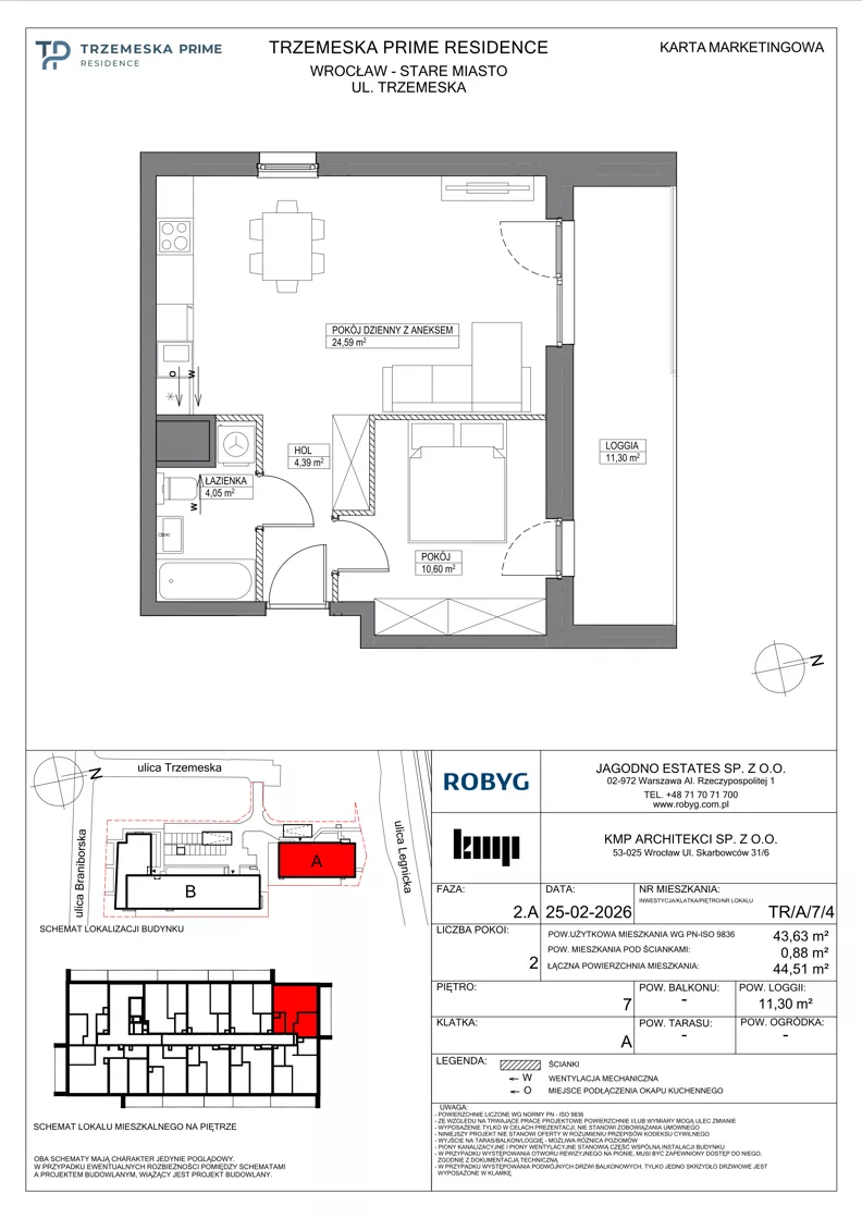 2 pokoje, mieszkanie 43,63 m², piętro 7, oferta nr TR/A/7/4, Trzemeska Prime Residence, Wrocław, Stare Miasto, ul. Trzemeska