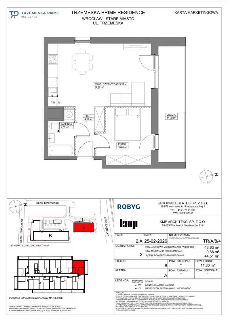 2 pokoje, mieszkanie 43,63 m², piętro 8, oferta nr TR/A/8/4, Trzemeska Prime Residence, Wrocław, Stare Miasto, ul. Trzemeska