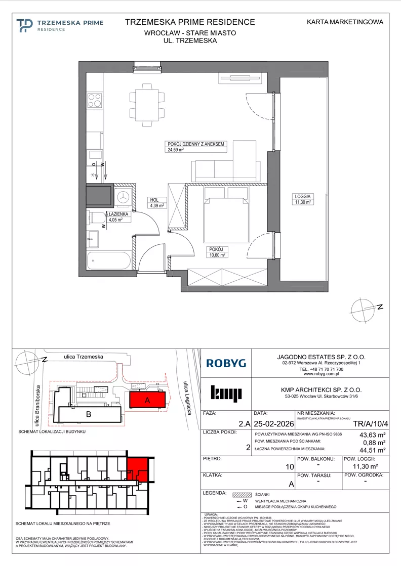2 pokoje, mieszkanie 43,63 m², piętro 10, oferta nr TR/A/10/4, Trzemeska Prime Residence, Wrocław, Stare Miasto, ul. Trzemeska