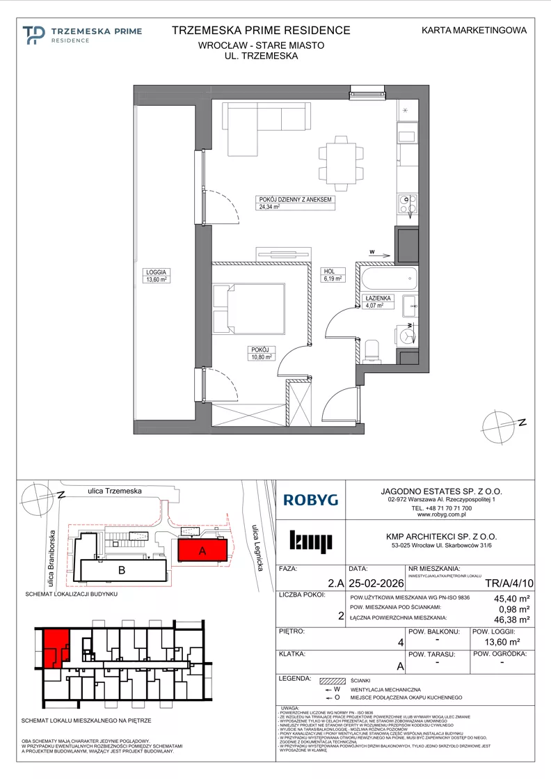 2 pokoje, mieszkanie 45,40 m², piętro 4, oferta nr TR/A/4/10, Trzemeska Prime Residence, Wrocław, Stare Miasto, ul. Trzemeska