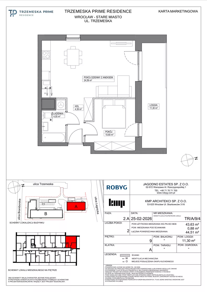 2 pokoje, mieszkanie 43,63 m², piętro 9, oferta nr TR/A/9/4, Trzemeska Prime Residence, Wrocław, Stare Miasto, ul. Trzemeska