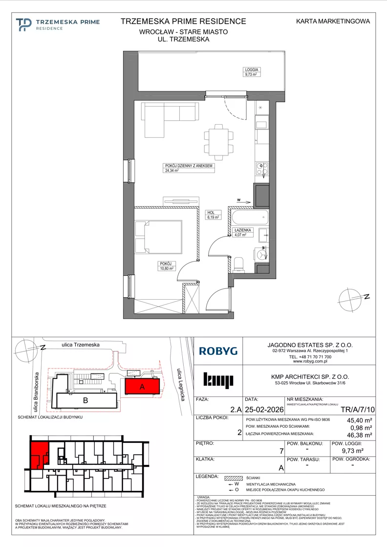 2 pokoje, mieszkanie 45,40 m², piętro 7, oferta nr TR/A/7/10, Trzemeska Prime Residence, Wrocław, Stare Miasto, ul. Trzemeska