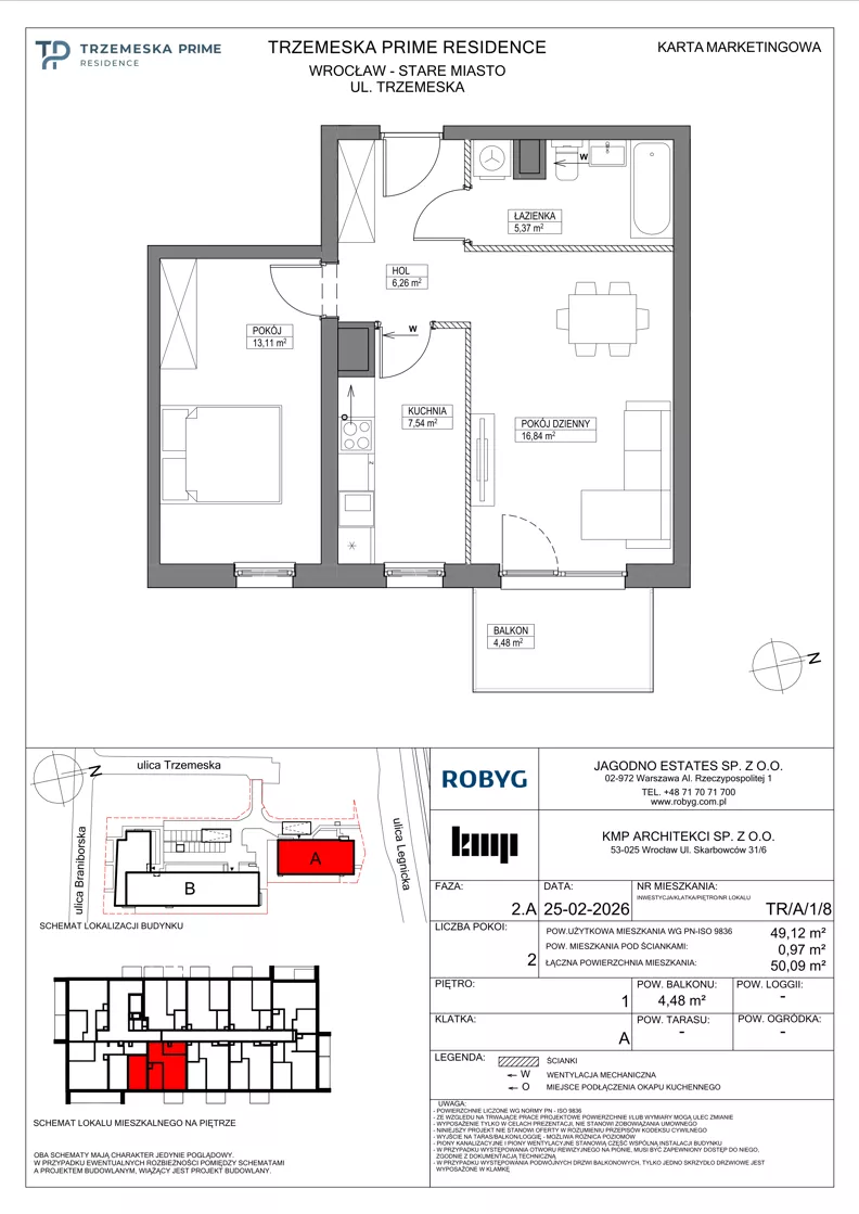 2 pokoje, mieszkanie 49,12 m², piętro 1, oferta nr TR/A/1/8, Trzemeska Prime Residence, Wrocław, Stare Miasto, ul. Trzemeska