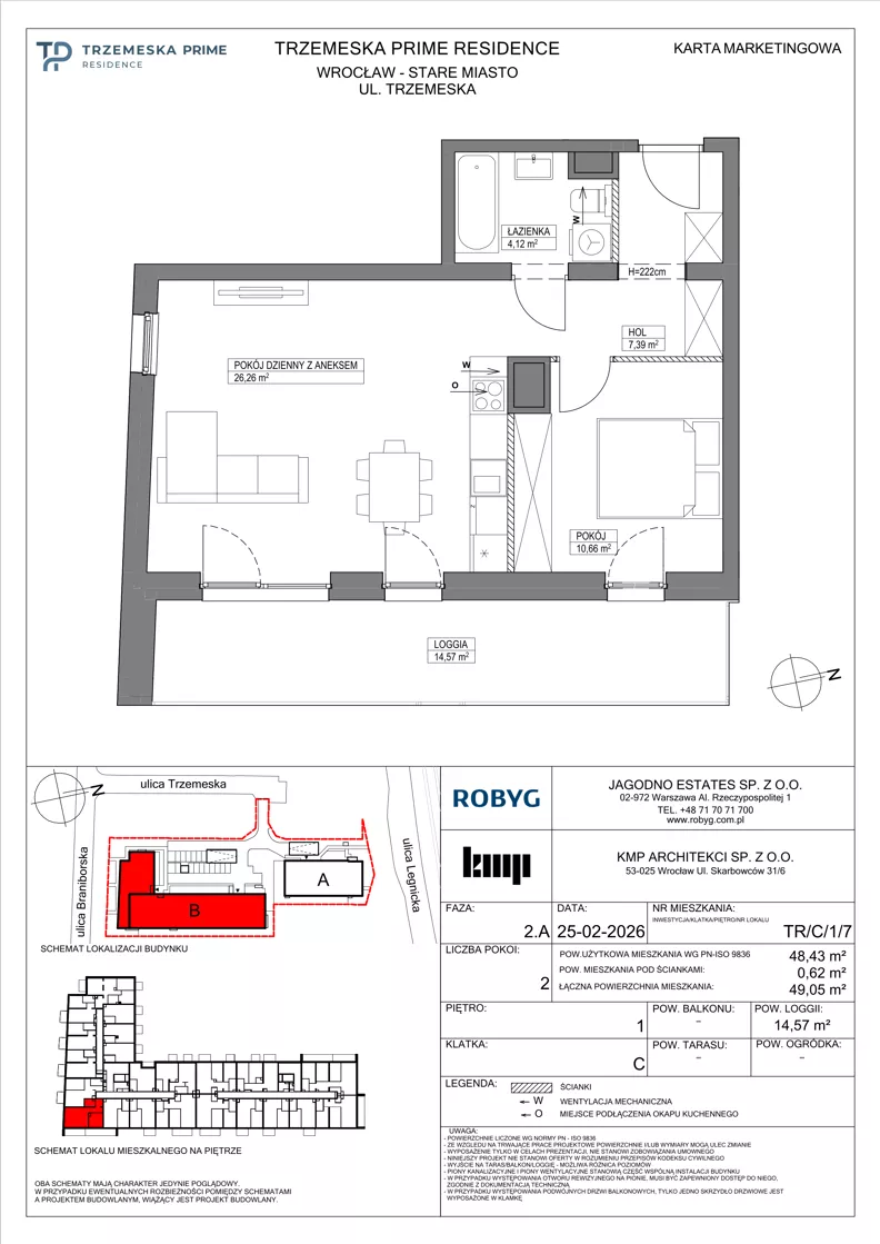 2 pokoje, mieszkanie 48,43 m², piętro 1, oferta nr TR/C/1/7, Trzemeska Prime Residence, Wrocław, Stare Miasto, ul. Trzemeska