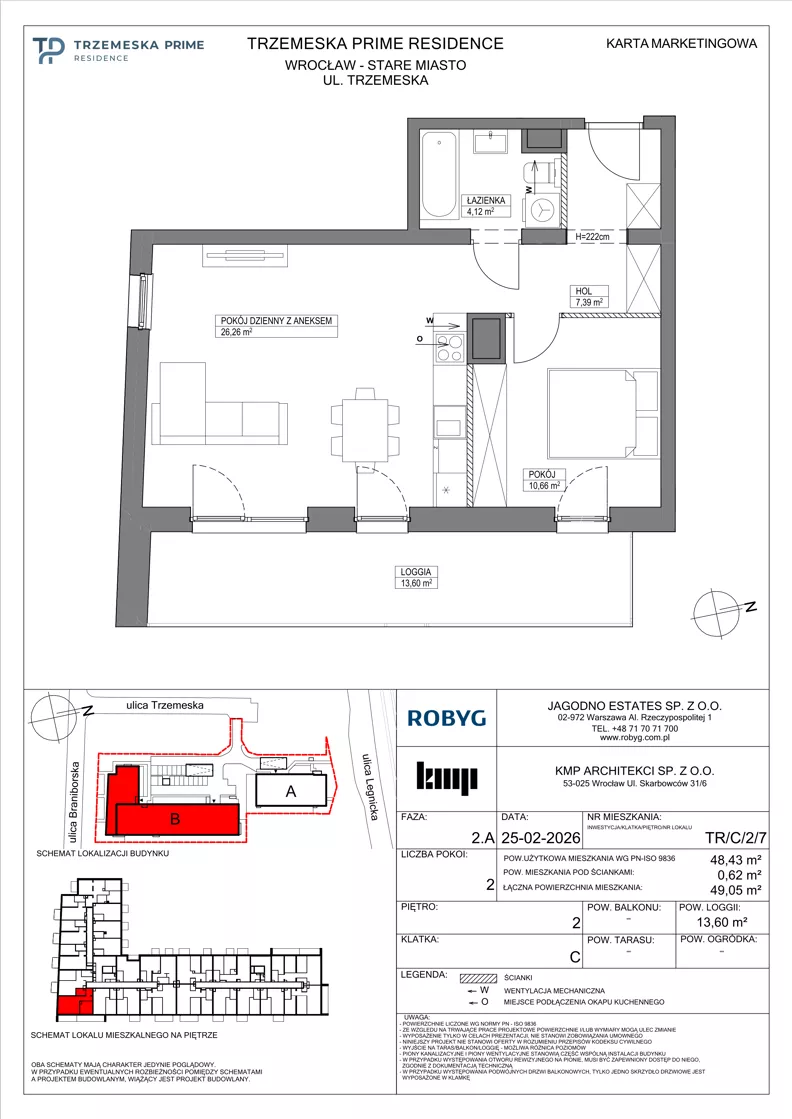 2 pokoje, mieszkanie 48,43 m², piętro 2, oferta nr TR/C/2/7, Trzemeska Prime Residence, Wrocław, Stare Miasto, ul. Trzemeska