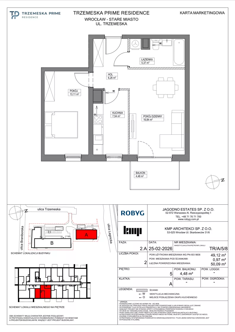 2 pokoje, mieszkanie 49,12 m², piętro 5, oferta nr TR/A/5/8, Trzemeska Prime Residence, Wrocław, Stare Miasto, ul. Trzemeska