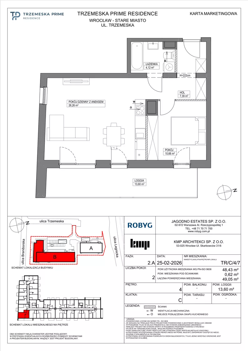 2 pokoje, mieszkanie 48,43 m², piętro 4, oferta nr TR/C/4/7, Trzemeska Prime Residence, Wrocław, Stare Miasto, ul. Trzemeska